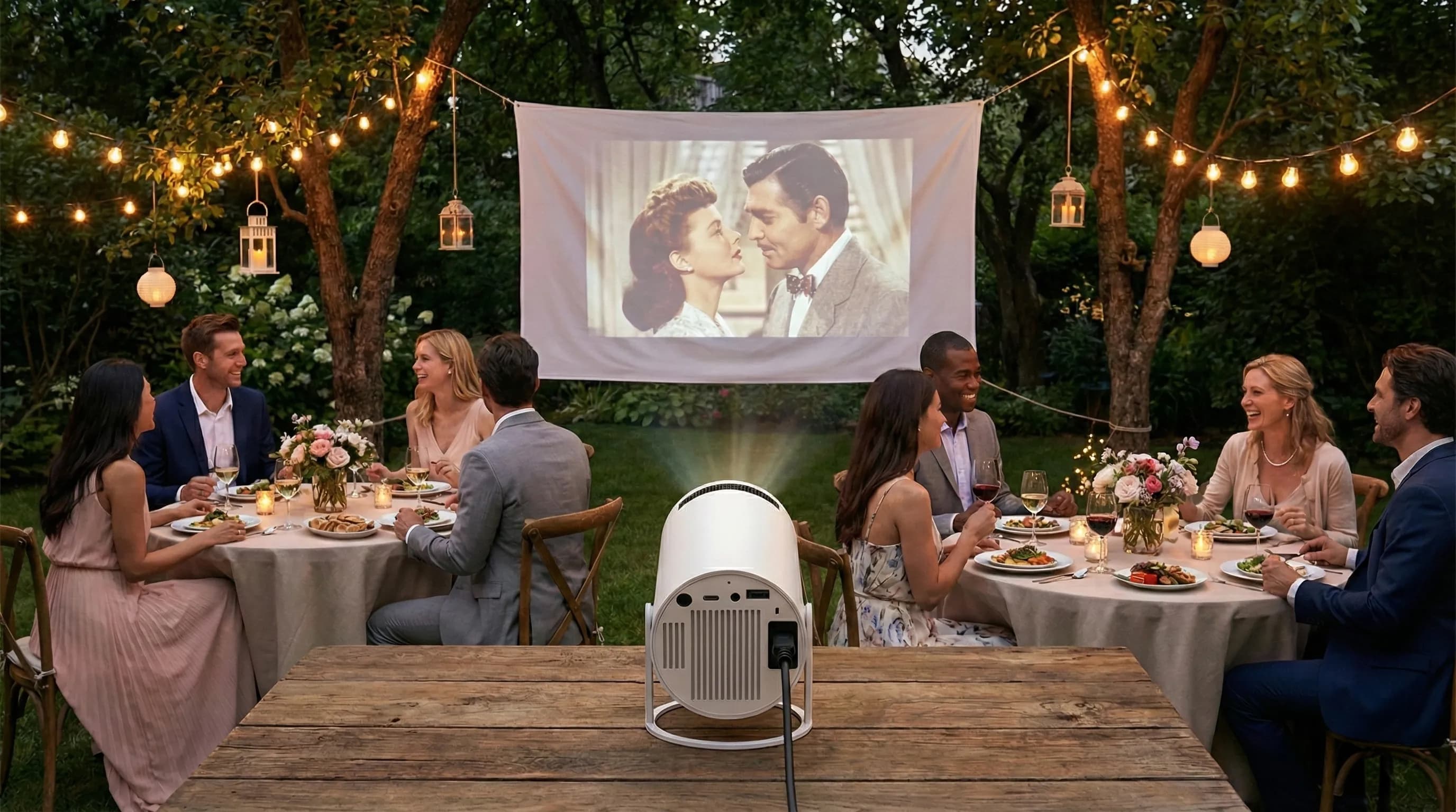 Hagefest med miniprojektor som viser film utendørs