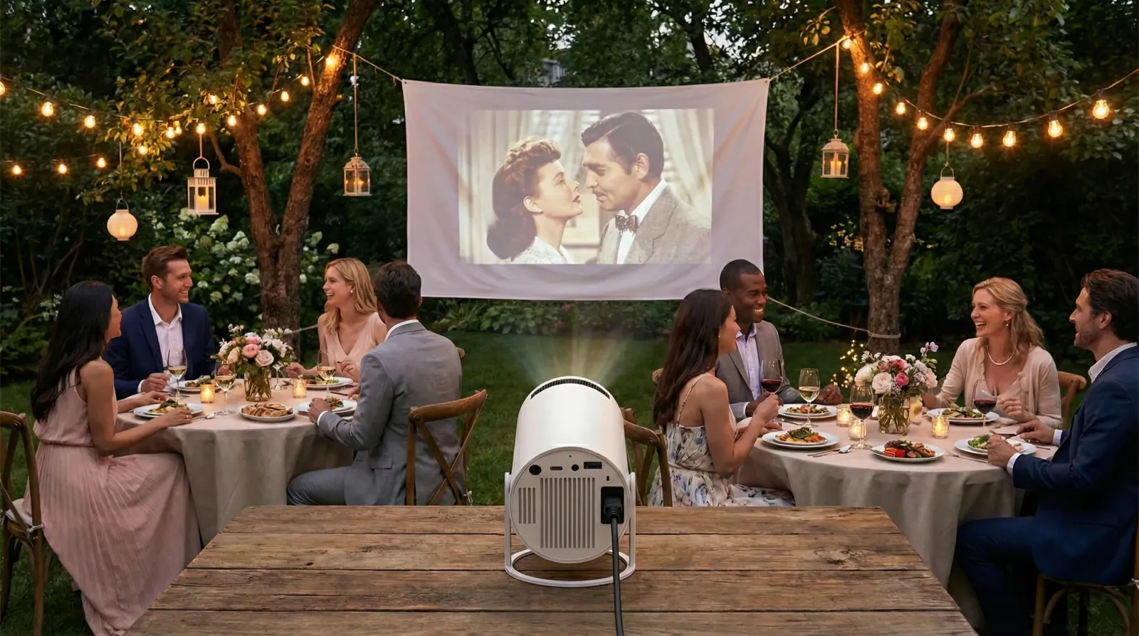 Hagefest med miniprojektor som viser film utendørs